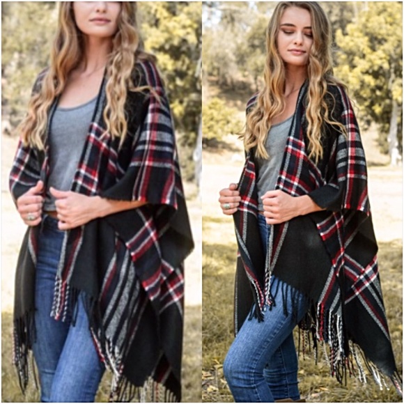 Plaid Cozy Chic Sweater Kimono Wrap O/S - Picture 3 of 8
